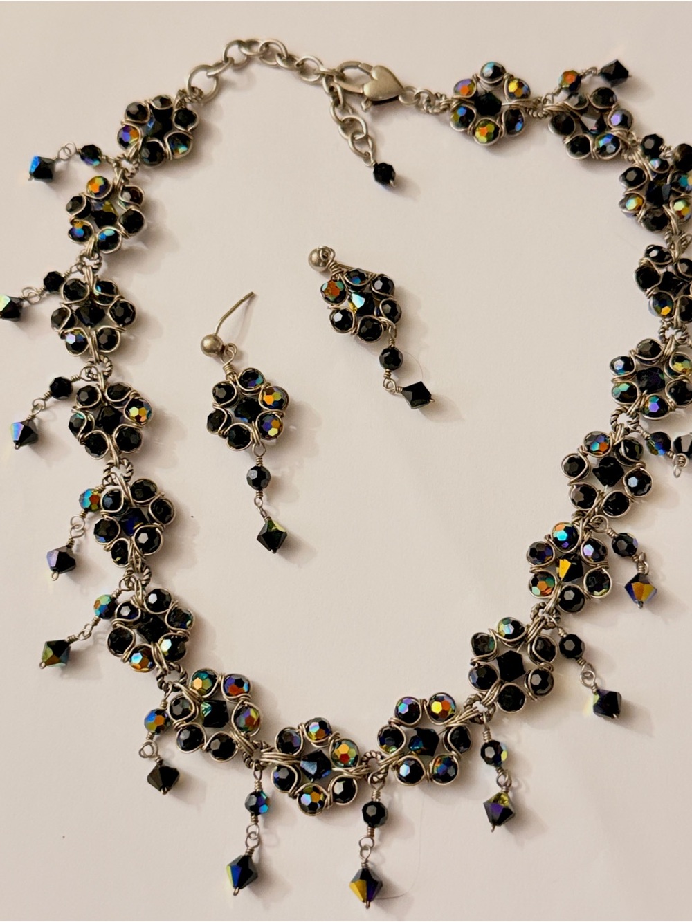 Artisan Black Necklace and Earrings with Multicolor Aurora Crystals